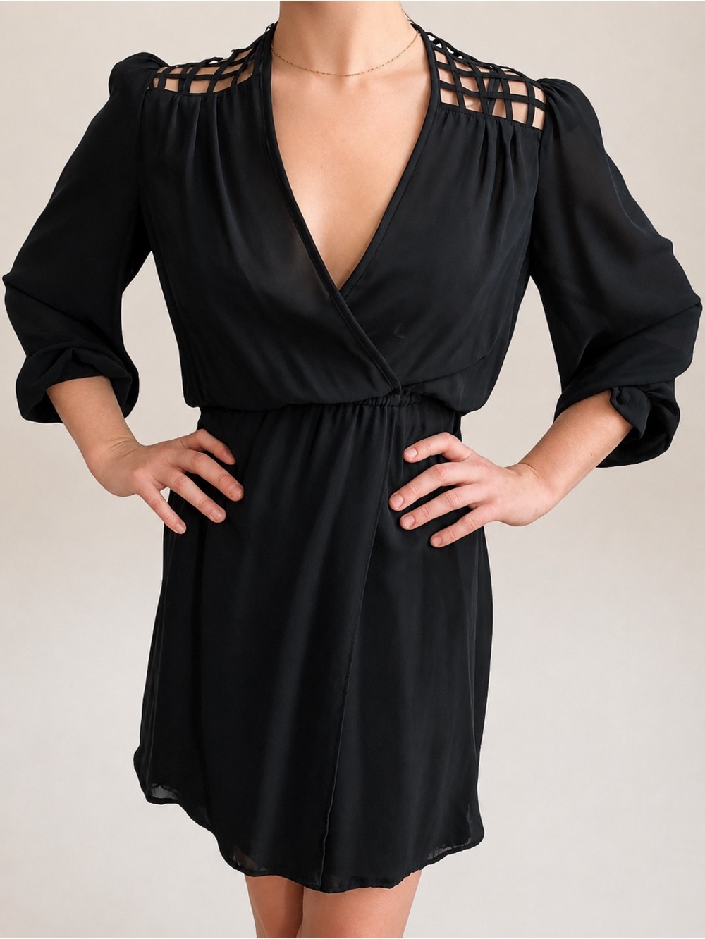 Vintage Black Sheer V Neck Backless Mini Dress Caged Style Lattice Open Back S - Picture 7 of 16